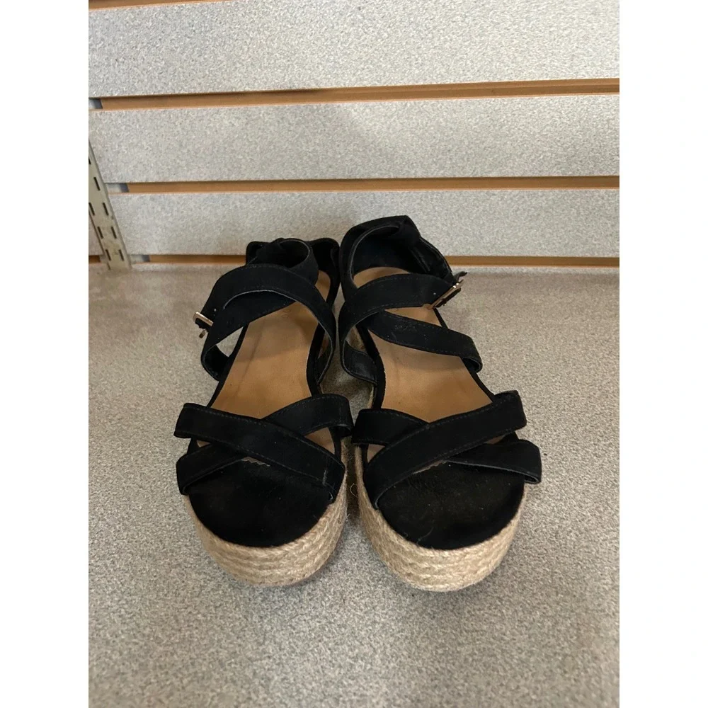 Bamboo Womens Black Faux Suede Espadrille Platform Strappy Wedge Sandals 8.5
